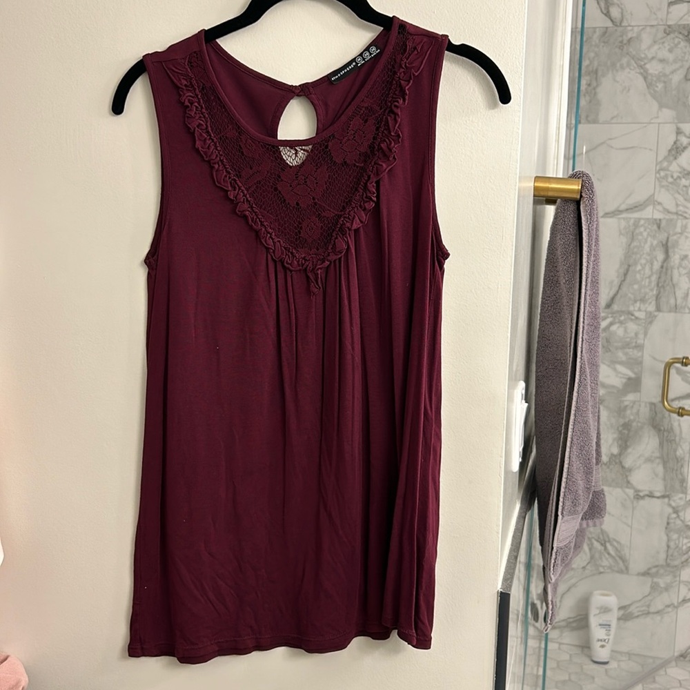 Maroon blouse with lace see-through top